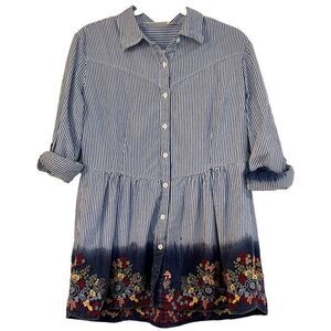 A Personal Touch Stripped Button Down Floral Embroidery Blouse Medium